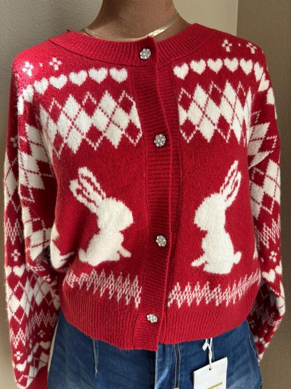 Wild Fable red & white bunny cardigan with diamond and heart motifs, size M - Picture 2 of 5
